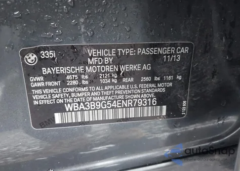 2014 BMW 335I xDrive z USA, uszkodzony, nr VIN WBA3B9G54ENR79316